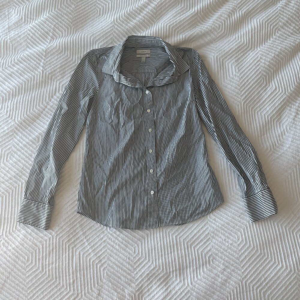 J. Crew Stretch Perfect Button Down Shirt, Black & White Vertical Stripes, Small